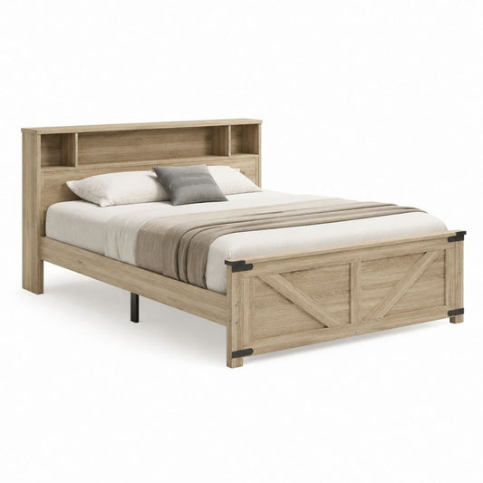 Doppelbett Bettgestell Eiche-Optik Holzwerkstoff rechteckig mit Ablagekopfteil 160 x 200 cm