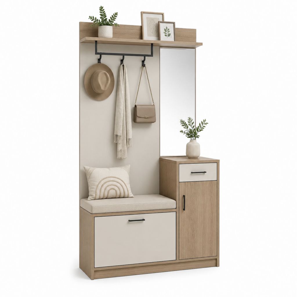Garderobenmöbel mit Sitzbank Spiegel Schuhschrank Eiche Natur Beige Spanplatte Rechteckig 100 x 35 x 190 cm