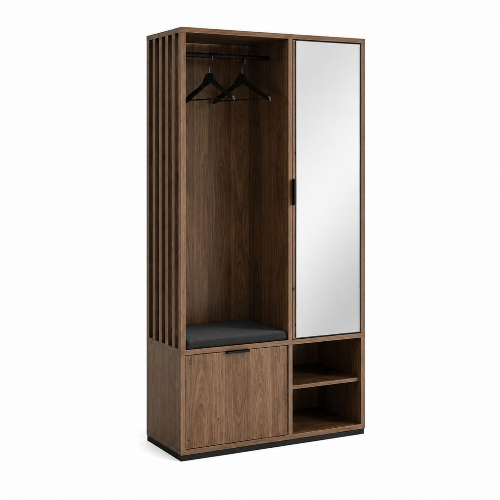 Flurschrank mit Spiegel und Sitzbank Walnussfurnier MDF rechteckig 100 x 40 x 200 cm
