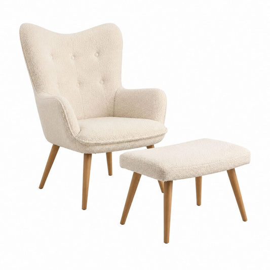 Ohrensessel mit Fußhocker Set Creme Polyester-Bouclé Massivholz 75 x 78 x 105 cm