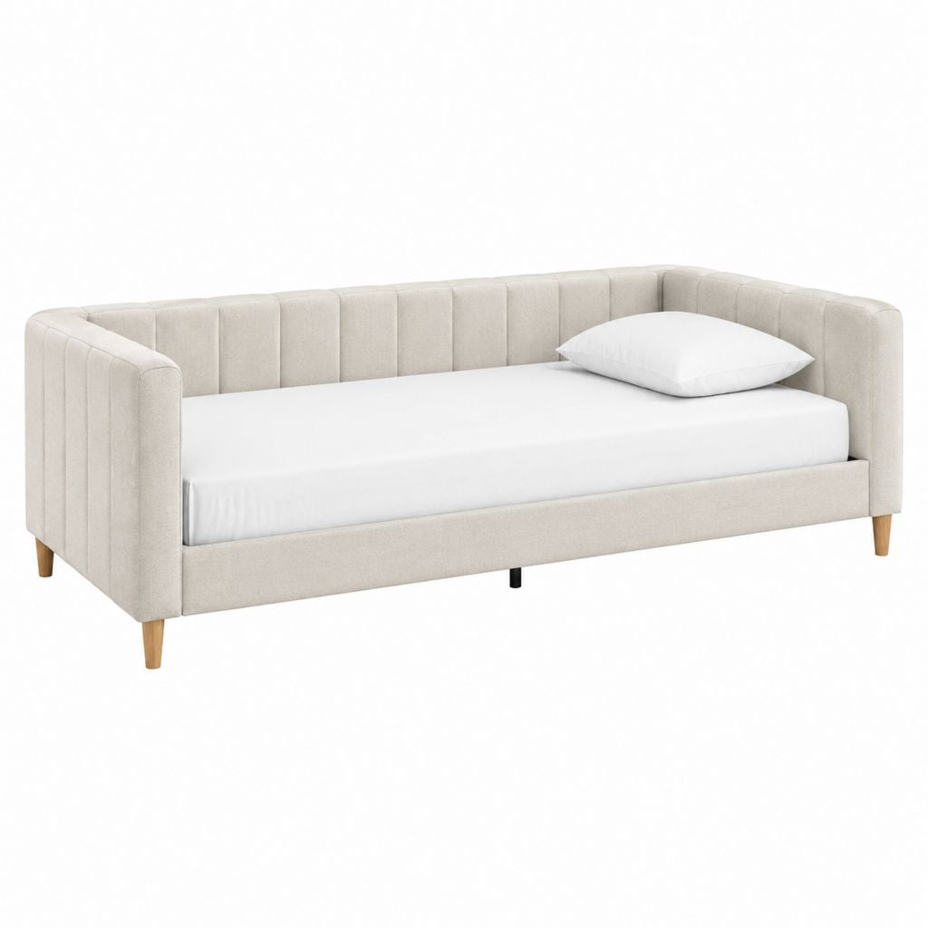 Tagesbett Bettgestell Creme Polyester mit Massivholzfüßen 90 x 200 cm