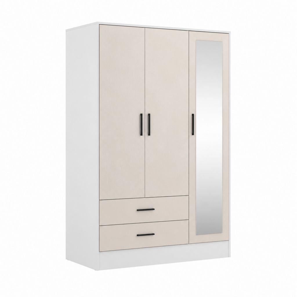 Drehtürenschrank mit Spiegel 3 Türen 2 Schubladen Beige Weiß Spanplatte 120 x 52 x 200 cm
