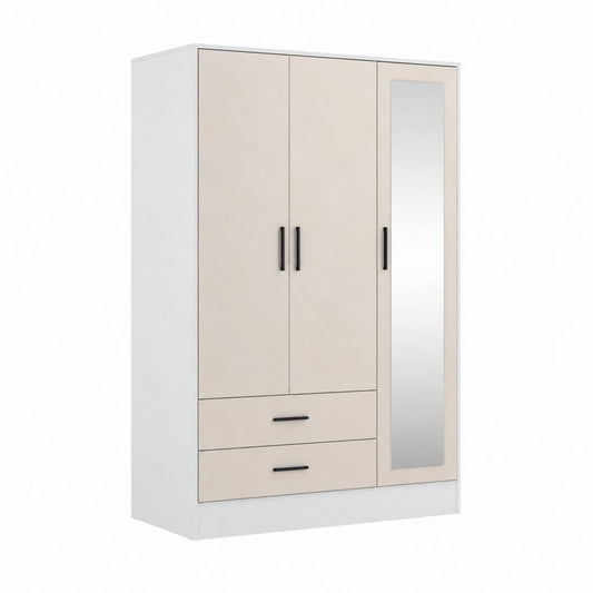 Drehtürenschrank mit Spiegel 3 Türen 2 Schubladen Beige Weiß Spanplatte 120 x 52 x 200 cm